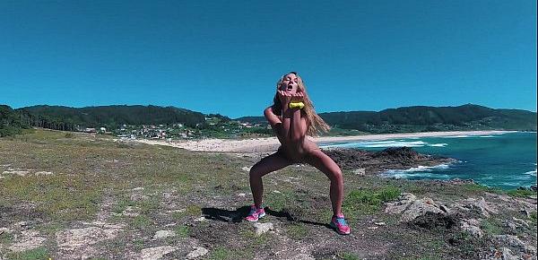  Russian Girl Sasha Bikeyeva - Spain Galicia beach Doninos. Perfect body naked nudist girl teasing and dancing on the coast of the Atlantic Ocean